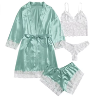 Vente flash - Robe de chambre pour femmes en soie douce et lisse, tendance été, confortable, col en V, vêtements de nuit pour femmes, ensemble de 4 pièces pour la maison et les loisirs