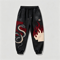 Pantalon de jogging épais pour homme, délavage vintage, broderie chenille motif serpent, patch flamme, streetwear, tenue décontractée quotidienne