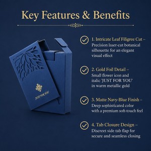 Boîte cadeau personnalisée bleu marine <span class=keywords><strong>d</strong></span>écoupée au laser avec manchon en filigrane de feuilles, fermeture à languette avec icône en feuille <span class=keywords><strong>d</strong></span>'or, emballage cadeau de luxe mat doux au toucher - Product Image 2