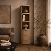 Armoire de rangement haute moderne avec étagères ouvertes et 3 tiroirs, façade cannelée arrondie pour chambre, salon et mobilier de maison