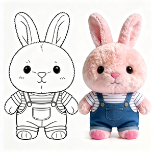 Peluche <span class=keywords><strong>Coniglio</strong></span> Morbido e Riccio con Salopette Blu in Denim, Adorabile Giocattolo Kawaii - Product Image 6