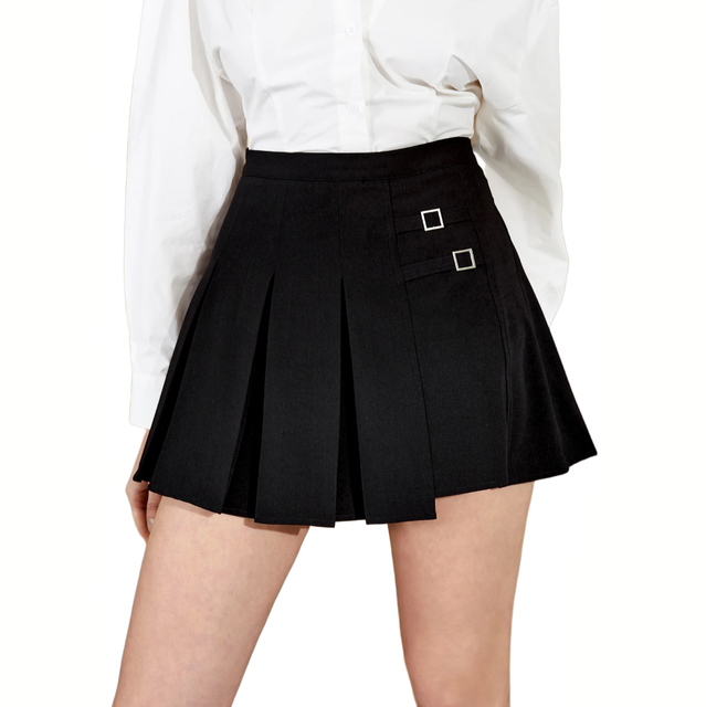 Custom Women's Black High Waist Asymmetric Pleated Mini Skirt Silver Square Buckle Decor Minimalist Casual Office School Skirt