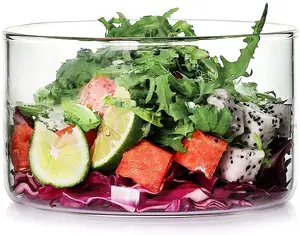 Tigela de vidro transparente redonda para salada de frutas e leite, 15 onças, 29 onças e 46 onças, reutilizável, moderna e elegante, personalizada