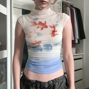 Ins Vintage Goldfish Print Colorblock Stand Collar Sheer Short Sleeve Top Elegant Sexy Waist Cinching Lightweight Pure Sexy Top - Product Image 5