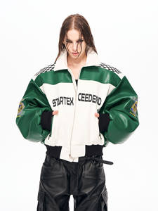 Jaket Kulit Balap Motor Pria Berlapis Tebal dengan Bordir Logo dan Patchwork Streetwear - Product Image 2