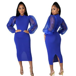 Vestido ajustado de manga larga transparente con cuello redondo y color puro para mujer - Product Image 6