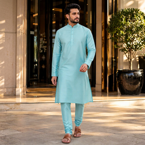 Traditional <b>Men</b> <b>Kurta</b> Pajama Sky Blue Silk Blend Long <b>Kurta</b> Set Ethnic Festival Wedding Wear Party Dress B2B Wholesale - Product Image 1