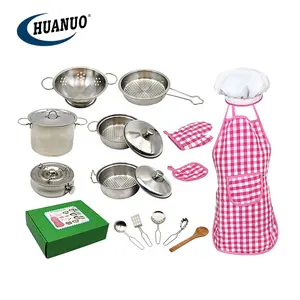 18pcs kids pretend play house chef stainless steel mini kitchen toys real cooking set with pink apron