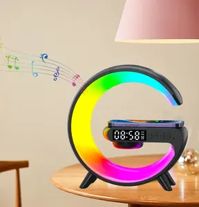 Cargador inalámbrico con reloj despertador colorido RGB LED luz intermitente lámpara de escritorio altavoz para teléfono móvil sala de estar mesita de noche