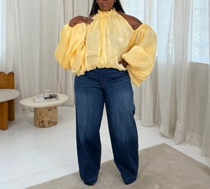 Elegante, sexy Plus-Size Damenblusen, schulterfrei, mit Rüschen, Neckholder, Ballonärmeln, schimmernd, strukturiert, Oversize, für Party und Club. - Product Image 4