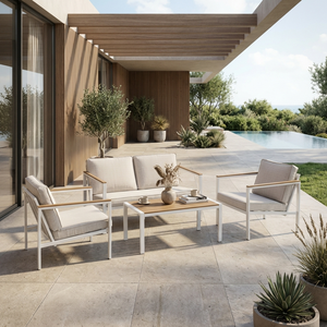 Set Sofa Luar Ruangan Rangka Baja Modern 4 Buah Set Furnitur Teras dengan 2 Kursi Loveseat dan Meja untuk Taman Dek. - Product Image 1