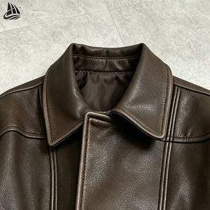 Full Zip up Turn Down Neck Vintage Casual Long Sleeve Oversized Baggy <strong>Brown</strong> <strong>Leather</strong> <strong>Jacket</strong> Boxy Bomber Pu <strong>Leather</strong> <strong>Jacket</strong> - Product Image 2