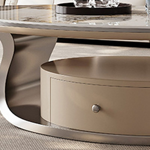 <span class=keywords><strong>Set</strong></span> di <span class=keywords><strong>Tavolini</strong></span> Moderni Ovali in Pietra con Base Astratta in Acciaio Inox Grigio, Piano Beige e Cassetto - Product Image 2