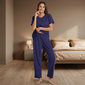 Ensemble de pyjama décontracté 2 pièces pour femme, haut à manches courtes et pantalon large, couleur unie, écologique, respirant et confortable - Product Image 3