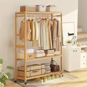 <span class=keywords><strong>Armario</strong></span> Abierto de Bambú con Ruedas, 3 Estantes de Almacenamiento y Barra Superior para Colgar Ropa, Multifuncional para Baño y Dormitorio - Product Image 5