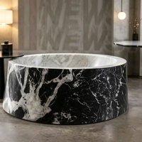 Baignoire double autoportante de luxe en marbre noir rond, baignoire en pierre naturelle pour hôtel et villa ultra-luxe