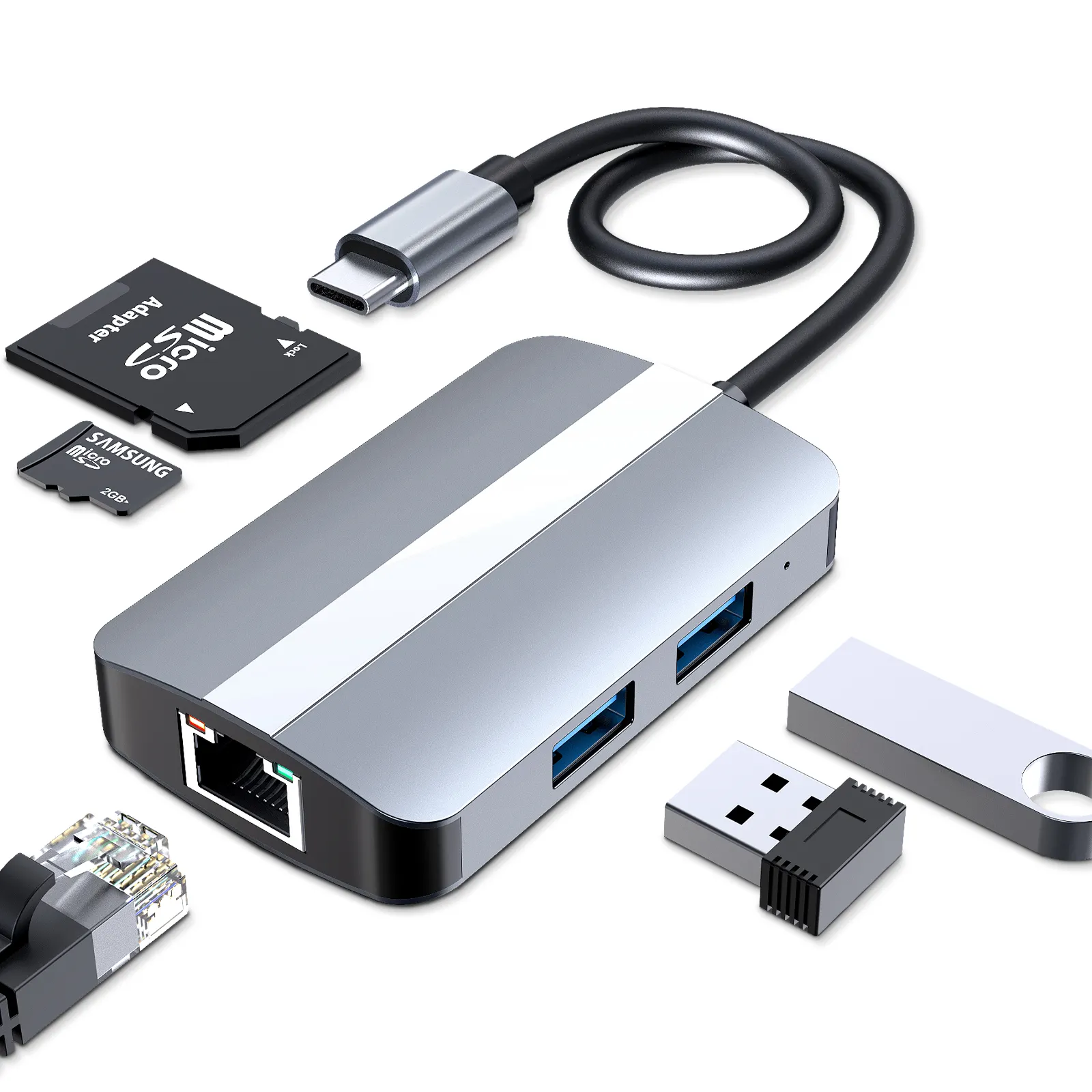 ยูนิเวอร์ซัล5พอร์ตตัวแยกฮับต่อพ่วง USB C ไปยังกิกะบิตอีเธอร์เน็ตทีเอฟเอสดีการ์ดเชื่อมต่อกับแล็ปท็อป