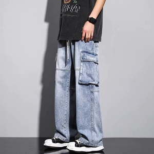 Jean à jambes larges et à grandes poches pour hommes, pantalon droit, décontracté, lavé à l'eau, ample et tubulaire - Product Image 4