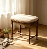 Tabouret rembourré en bois vintage avec coussin en tissu beige, repose-pieds rembourré, pieds tournés pour chambre, entrée, salon, mobilier de maison