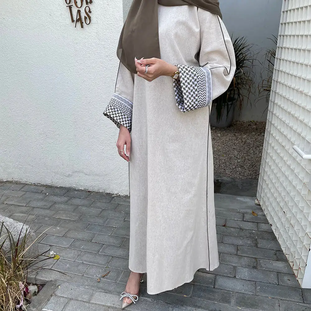 Palestina Keffiyeh inspirado cerrado Abaya patrón mangas negro Lino Modesto Venta al por mayor mujeres musulmanas vestido Dubai ropa islámica