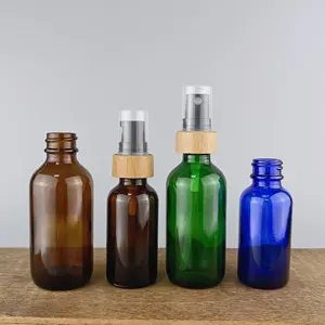 Boston Round Glass Bottle 1 Oz 2 Oz 4 Oz 8 Oz 16 Oz Amber Blue Glass Bottle Clear Glass Bottle With Bamboo Pump For Hand Soap