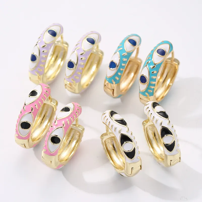 Women Cute Design Evil Eye Huggie Earrings Jewelry Gift Gold Plated Jewelry Enamel Hoop Brass Earrings