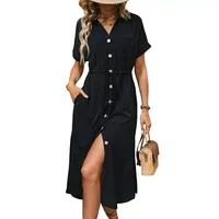 Robe chemise pour femme, été, décontractée, coupe ajustée, détail poche, couleur unie, disponible en noir, bleu marine, vert foncé, vente en gros