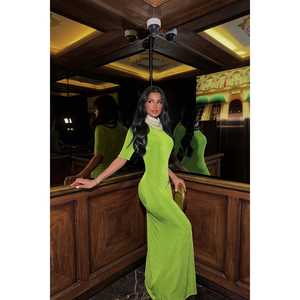 Robe longue vert olive en crochet, coupe trapèze, décolleté ras du cou, taille empire, à volants, drapée, ornée de strass, de perles et de fleurs, taille XL, pour les soirées - Product Image 3