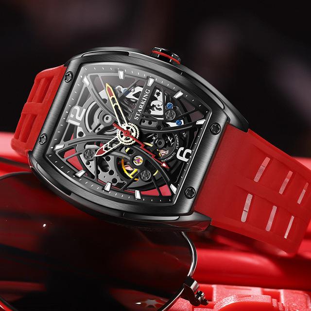STARKING Fashion Pointer Wine BarrelLuminous 43mm Silicone Stainless Steel Case Men's Automatic Mechanical Watch