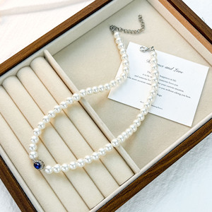 White Pearl Necklace AAA Grade With Blue Crystal Clasp For Women Everyday Wear - Product Image 2