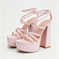Sandales compensées roses en cuir chic pour femme, à talon bloc épais, multi-brides croisées avec boucle à la cheville, vente en gros