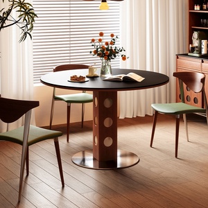 Table à manger ronde vintage en bois avec pieds en métal rétro, design nordique Bauhaus, plateau en ardoise multifonctionnel pour petits espaces, vente en gros - Product Image 2