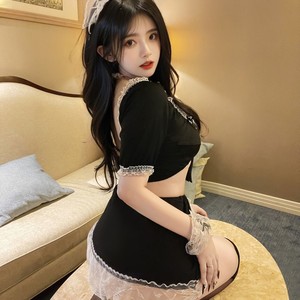 Tenue de femme de chambre sexy pour femme, lingerie noire en dentelle, robe à manches courtes avec tablier et bandeau, uniforme de jeu de rôle 8490 - Product Image 2