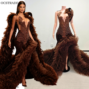Ocstrade Listo para Enviar - Contacta Antes de Ordenar Vestido de Noche/Fiesta Sirena con Plumas Marrones, Un Hombro Descubierto, Pedrería y Cola de Tul con Volantes - Product Image 1