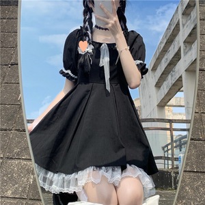 Robe gothique Lolita pour femmes, Harajuku, mignon, dentelle, noir, manches bouffantes, robes courtes, école Jk, été - Product Image 3