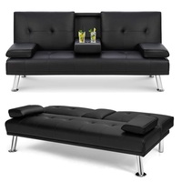 Futón Económico para Sala de Estar con Portavasos, Sofá Cama Plegable de PU, Sofá Cama Click Clac