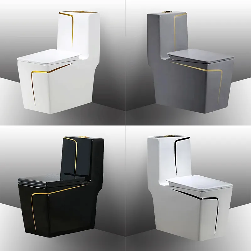 Sanitaire salle de bain luxe moderne carré water closet céramique commode ensemble bol gris or noir couleur une pièce wc toilette