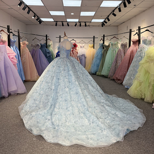 Para 6881 precioso cuello alto azul vestido de bola de cristal Quinceañera niñas vestido con estampado antiestático Organza capilla tren - Product Image 3