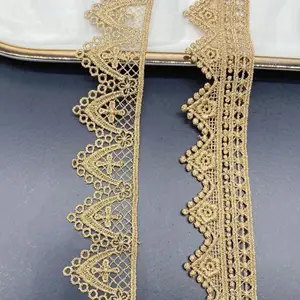 Código De Barras Lace Gold Thread, laços bordados solúveis em água Lolita Moda Vestuário Vestido Acessórios Cor Dourada