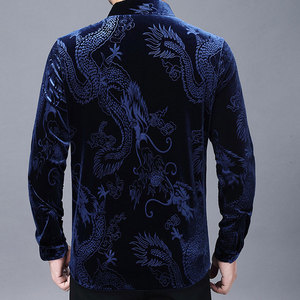 Chemise à manches longues pour hommes, vêtement de soirée Social, coupe cintrée, top décontracté de luxe, broderie Dragon <span class=keywords><strong>chinois</strong></span>, velours - Product Image 2