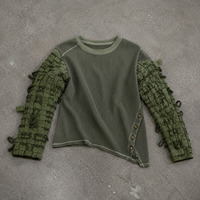 T-shirts personnalisés OEM de haute qualité pour hommes, style streetwear, coupe oversize, en tricot gaufré patchwork, à manches longues, col rond, avec strass