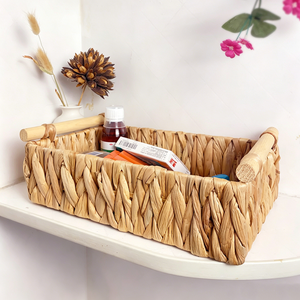 Panier de rangement rectangulaire minimaliste fait main en jacinthe d'eau et paille, plateau de rangement en osier pour la décoration de la maison et de la cuisine - Product Image 6