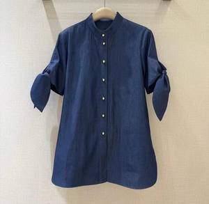 Camicie in Denim di cotone 100% 2025 camicette firmate estive da donna con collo alto e <span class=keywords><strong>Lurex</strong></span> con bottone Casual in tinta unita blu scuro - Product Image 1