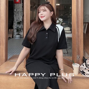 Robe polo Runqi pour femmes grandes tailles, noire et blanche, à blocs de couleur, mi-longue, coupe ample, en coton, col rabattu, motif uni N8749 - Product Image 4