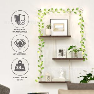 Wall Mounted Hemp <b>Rope</b> Shelf 3 Tier Wooden With Led <b>Lights</b> And Vine Decor For Living Room Storage Display Rack - Product Image 2