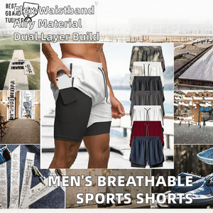 New Men's Casual Sports Breathable <b>Mid</b> Quick Dry Five-Point Shorts Double <b>Layer</b> Solid Color Towel Hanging for Fitness Running - Product Image 2