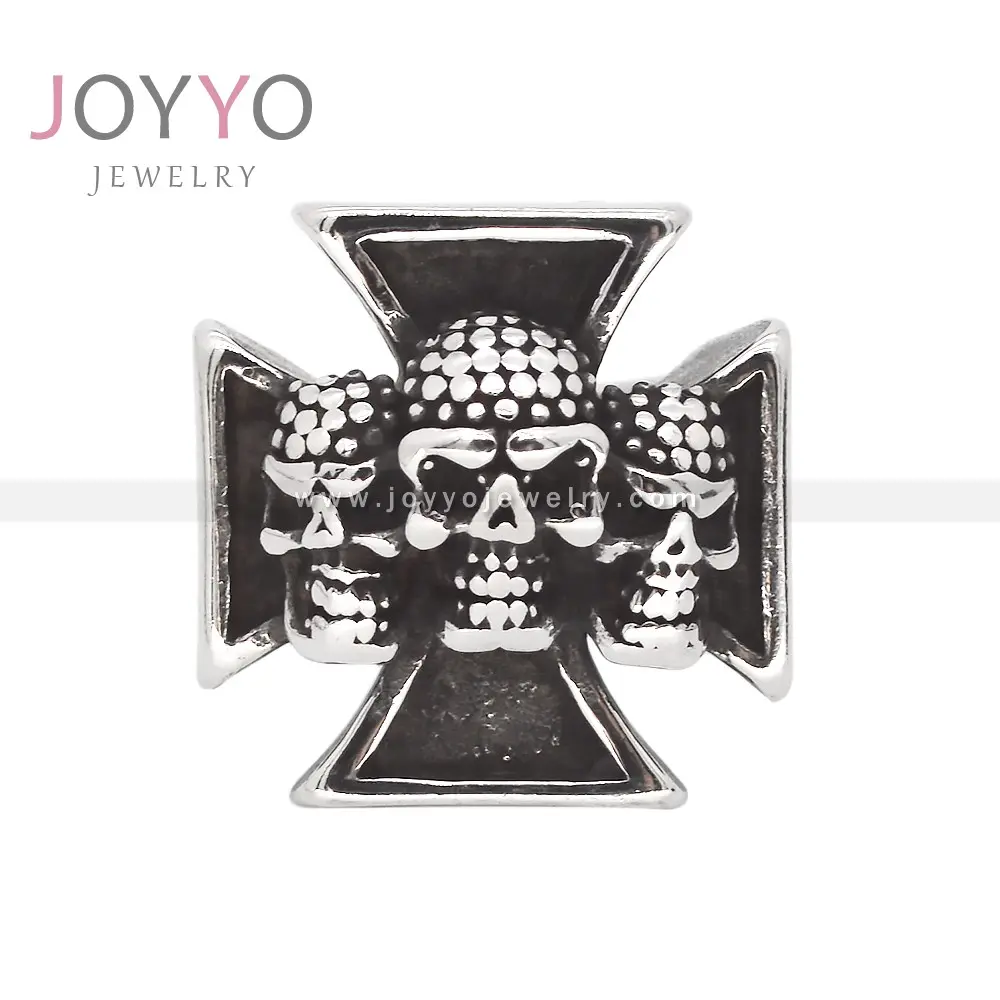 Anillo cruzado de tres calaveras de roca gótica para hombre, anillos de motorista de acero inoxidable, anillo de joyería de Halloween