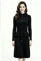 Robe Midi Moulante Femme Automne de Haute Qualité en Laine Acrylique avec Gilet Superposé à Col Semi-Montant et Ourlet Volanté à Taille Cordonnée
