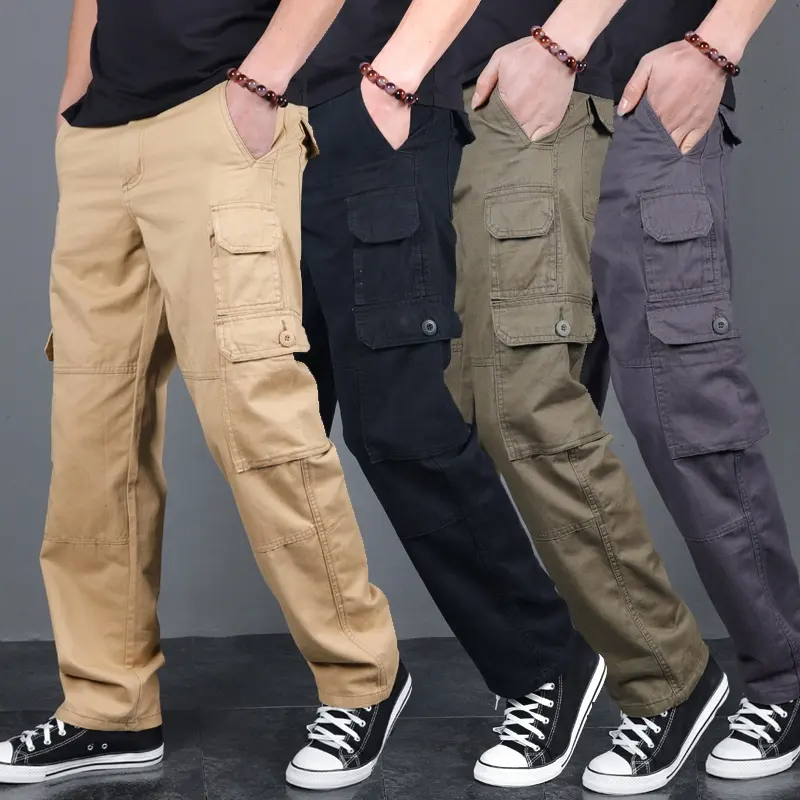 Calças cargo masculinas casuais com vários bolsos, calças justas para outdoor e inverno, tamanho grande