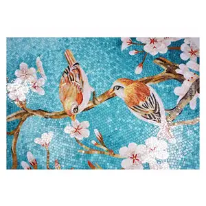 Hand Made Flower and Birds Pattern Art Design Glass Mural Mosaic Picture Decorative Tiles for Wall